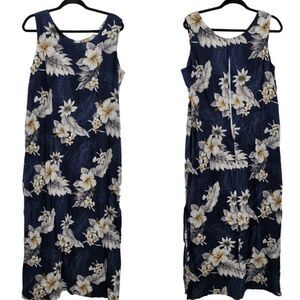 Vtg 80's Dress Tropical Hawaiian Sleeveless Maxi‎ Side Slit Navy Sz 2XL